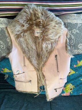 Together Blush Pink Leather Vest with Taupe Faux Fur Collar